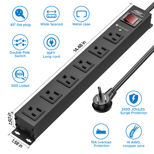 CRST Heavy Duty Metal Power Strip Surge Protector, 6 Wide spaced Outlets, 2100 Joules, 10FT 14AWG Flat Plug, Wall Mountable