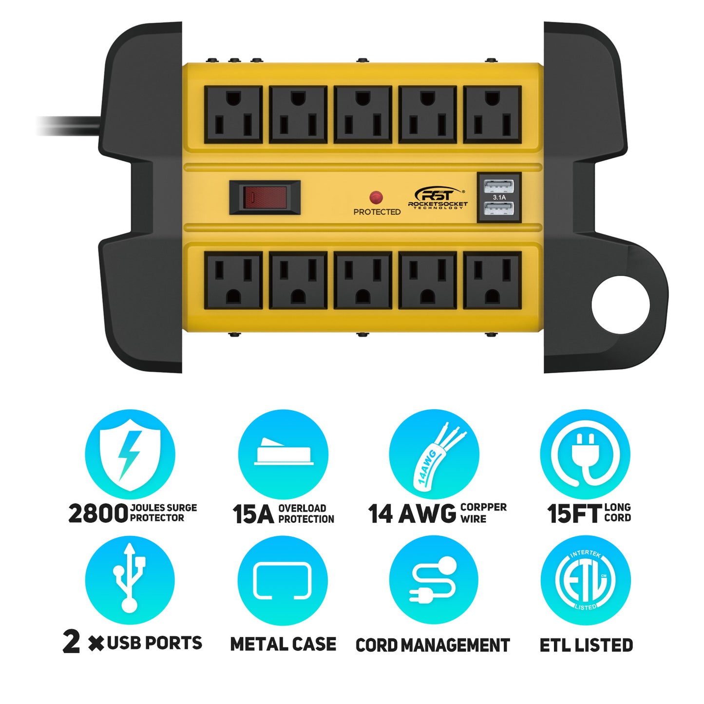 CRST 10 Outlets Dual USB Mountable Heavy Duty Metal Power Strip Surge Protector with Cord Wrapping Design, 15FT Power Cord
