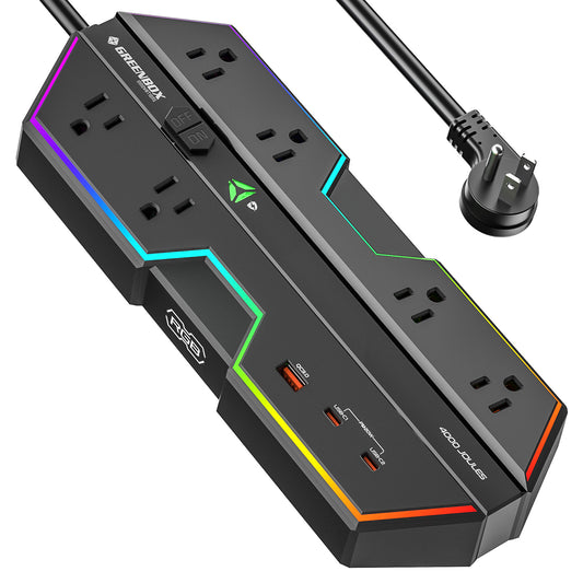 CRST RGB Gaming Power Strip with 6 AC Outlets 1 USB-A & 2 USB-C Ports 4000J Surge Protection 6FT Flat Plug Extension Cord for E-Sports & Gaming PC Ergonomic Design Adjustable RGB Lighting Effect