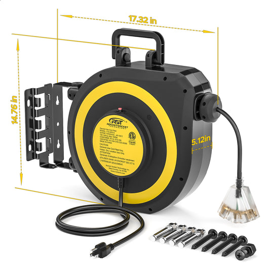 CRST 14AWG 50FT Retractable Extension Cord Reel with Handle 180° Swivel Bracket Automatic Retraction UL Listed 36 Months Warranty