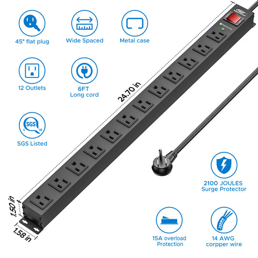 CRST 12 Outlets Wide Spaced Mountable Metal Long Power Strip Surge Protector, Flat Plug Power Cord, 36 Months Warranty