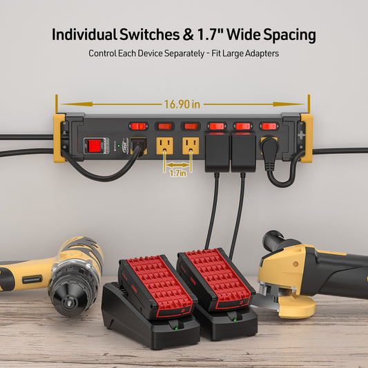 CRST Mountable Wider Spaced 6-Outlets Individual Switches Heavy Duty Metal Power Strip Surge Protector, 6FT Flat Plug Extension Cord, 1020J Protection, 36Months Warranty