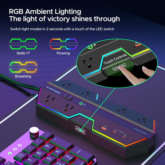 CRST RGB Gaming Power Strip with 6 AC Outlets 1 USB-A & 2 USB-C Ports 4000J Surge Protection 6FT Flat Plug Extension Cord for E-Sports & Gaming PC Ergonomic Design Adjustable RGB Lighting Effect