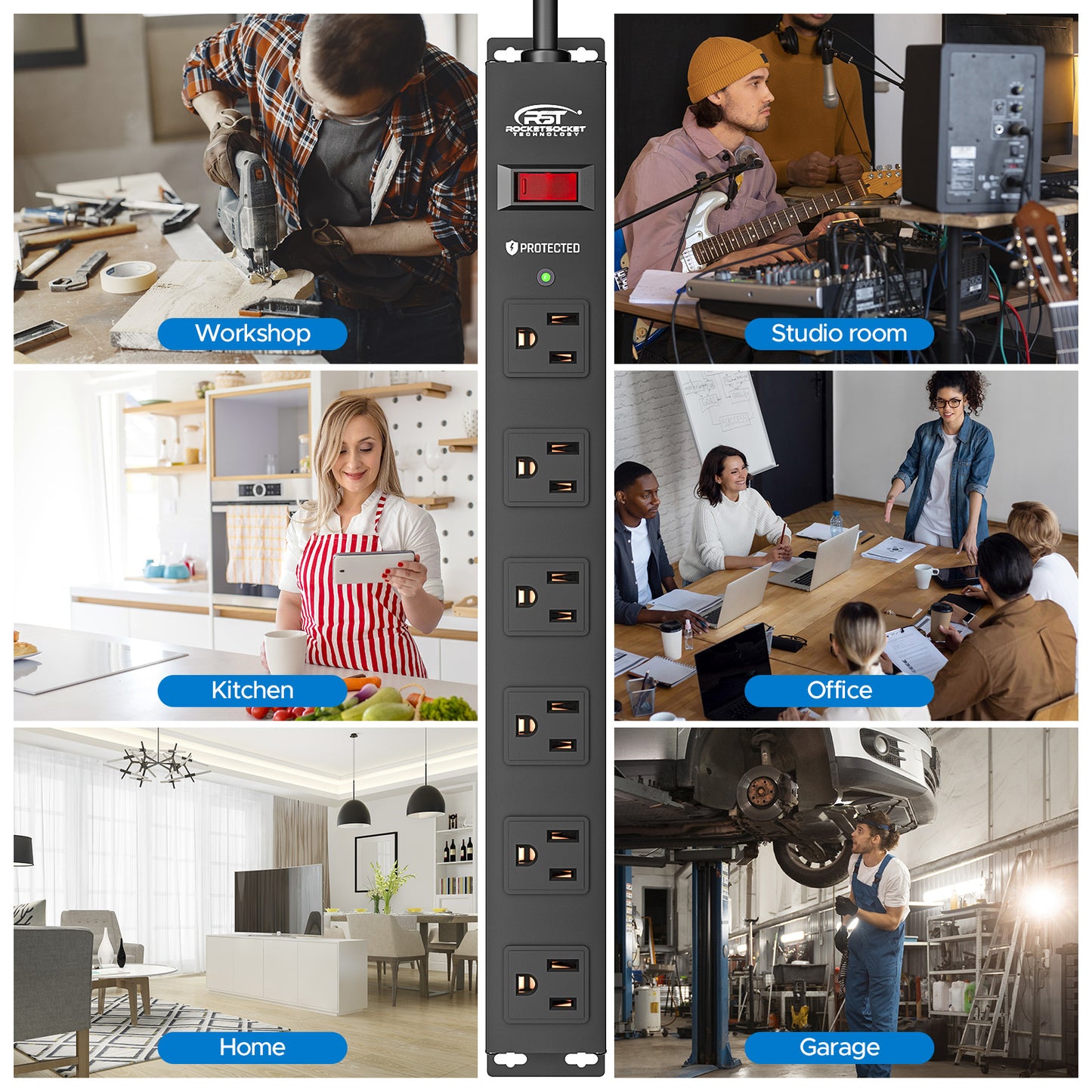 CRST 6 Outlets Wide Spaced Mountable Metal Power Strip Surge Protector, 6FT Flat Plug Power Cord, 2100 Joules Protection, Mount Kits Included