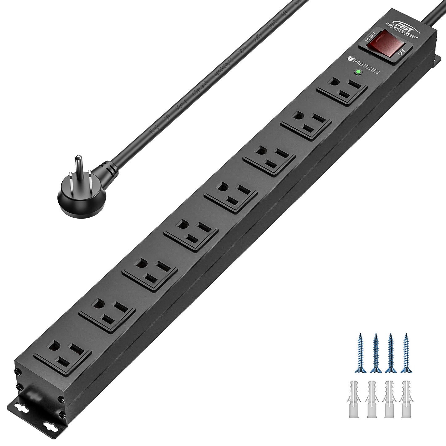 CRST 8 Outlets Wide Spaced Mountable Metal Power Strip Surge Protector, 6FT Flat Plug Power Cord, 2100 Joules Protection, Mount Kits Included