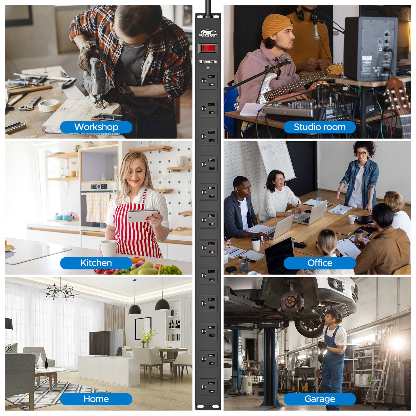 CRST 12 Outlets Wide Spaced Mountable Metal Long Power Strip Surge Protector, Flat Plug Power Cord, 36 Months Warranty