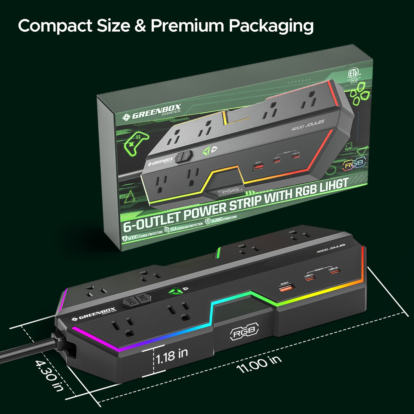 4000J Gaming Power Strip Surge Protector - 20W PD USB-C Fast Charge, 6 Wide-Spaced Outlets, RGB Lighting, 6ft Cord