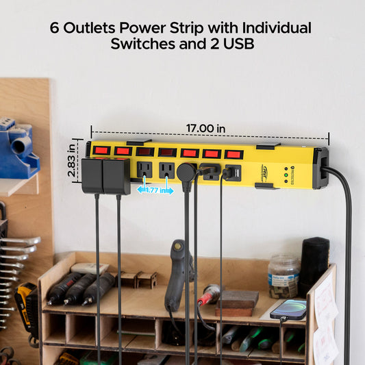 CRST 6 Outlets Individual Switches Mountable Metal Power Strip Surge Protector with Dural USB Ports 6FT Flat Plug Power Cord