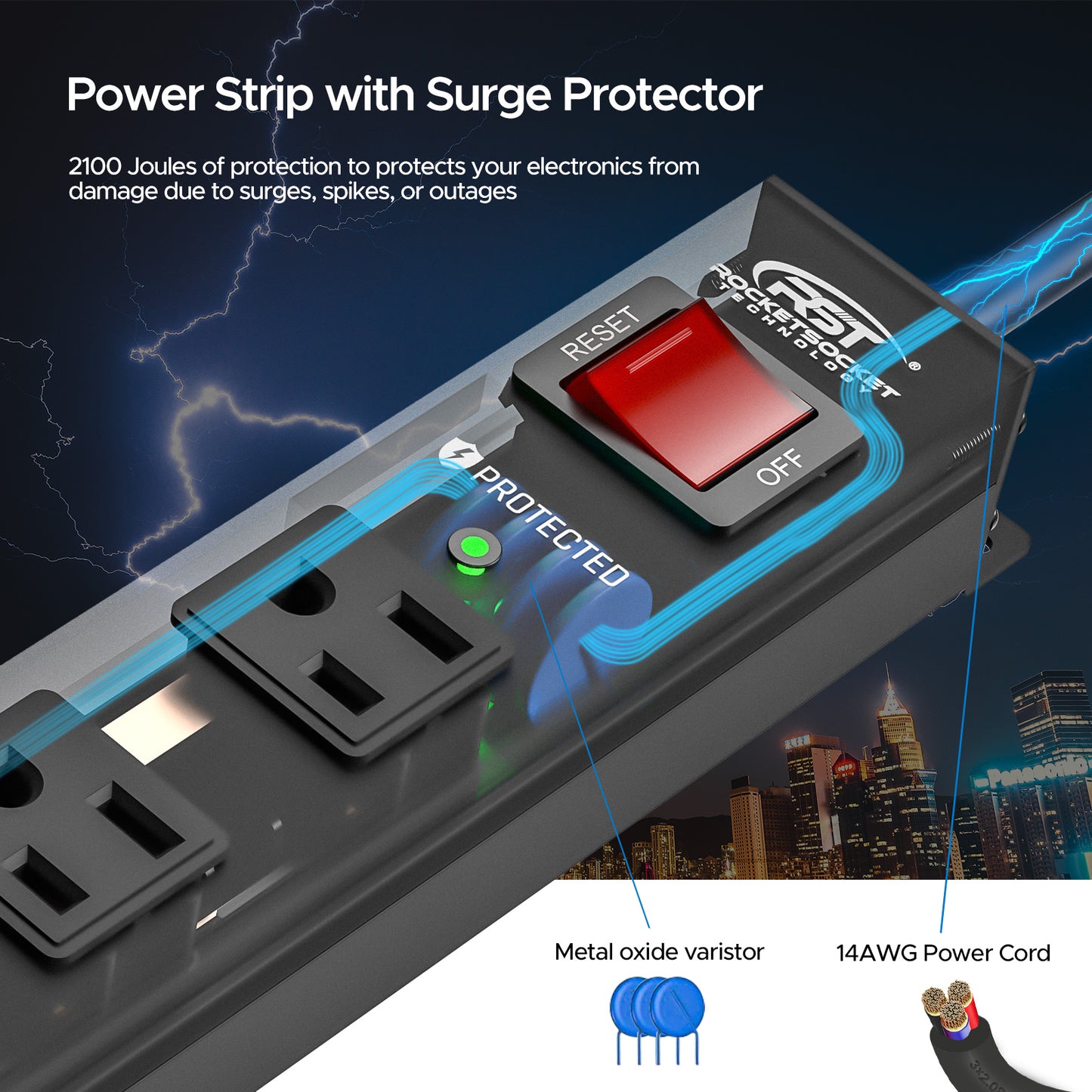 CRST 12 Outlets Wide Spaced Mountable Metal Long Power Strip Surge Protector, Flat Plug Power Cord, 36 Months Warranty