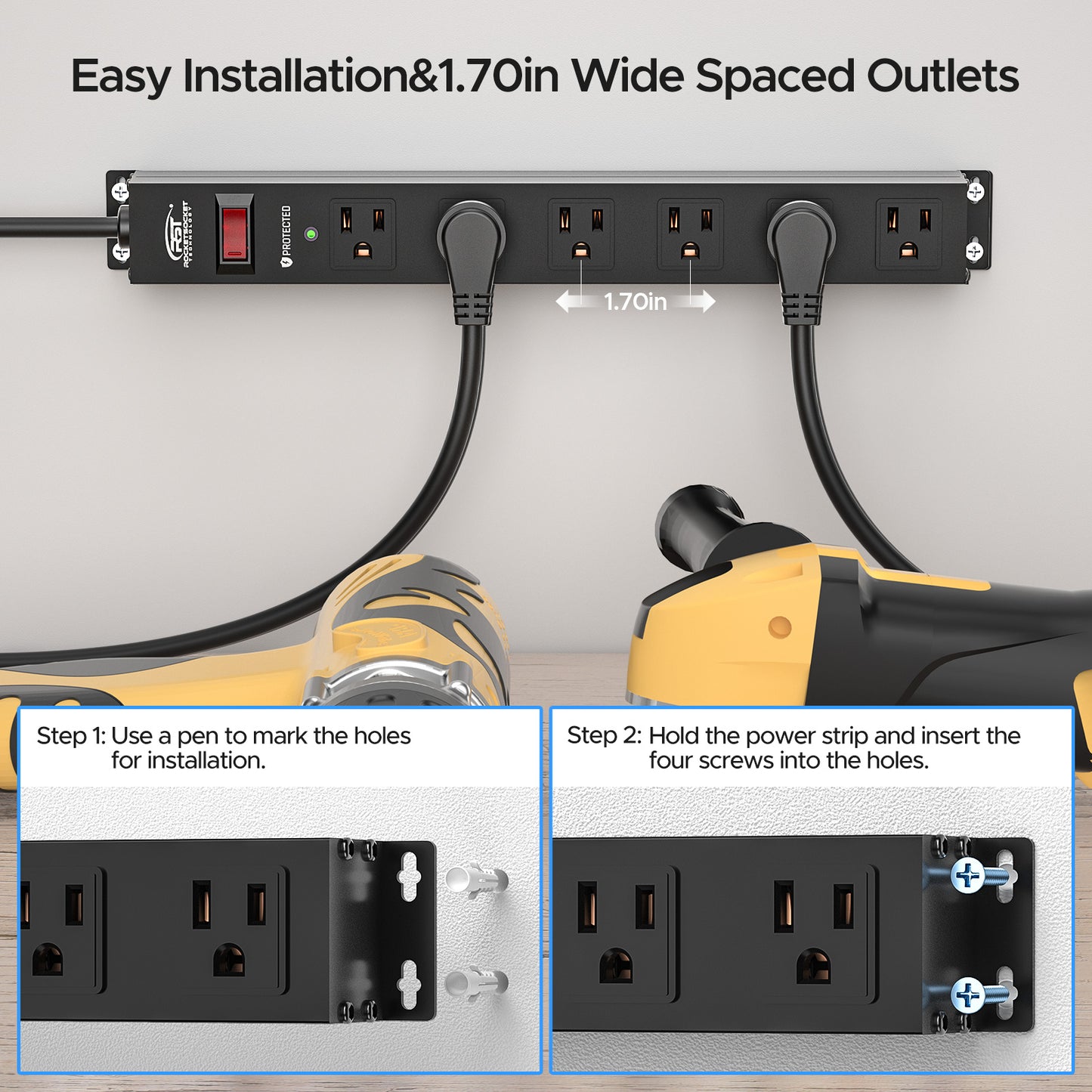 CRST 6 Outlets Wide Spaced Mountable Metal Power Strip Surge Protector, 6FT Flat Plug Power Cord, Mounting Kits Included