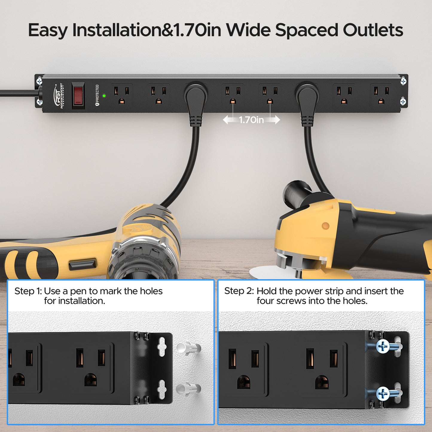 CRST 8 Outlets Wide Spaced Mountable Metal Power Strip Surge Protector, 6FT Flat Plug Power Cord, Mounting Kits Included