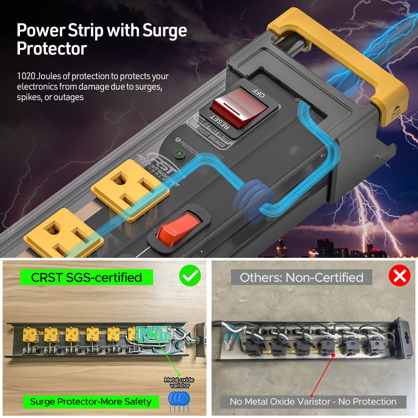CRST Mountable 6-Outlets Individual Switches Metal Power Strip Surge Protector with Cord Holder 6FT Flat Plug Power Cord 1020J Protection 36 Months Warranty