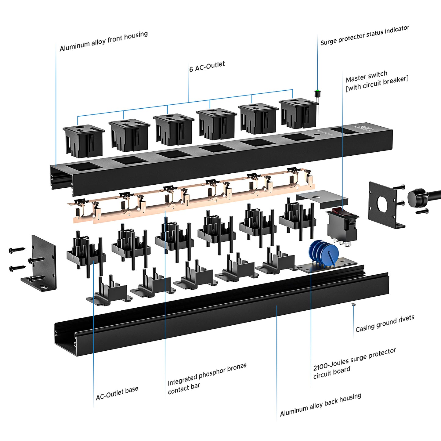 CRST 6 Outlets Wide Spaced Mountable Metal Power Strip Surge Protector, 6FT Flat Plug Power Cord, 2100 Joules Protection, Mount Kits Included