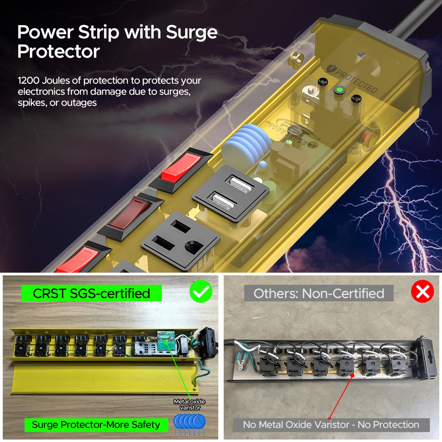 CRST 6 Outlets Individual Switches Mountable Metal Power Strip Surge Protector with Dural USB Ports 6FT Flat Plug Power Cord