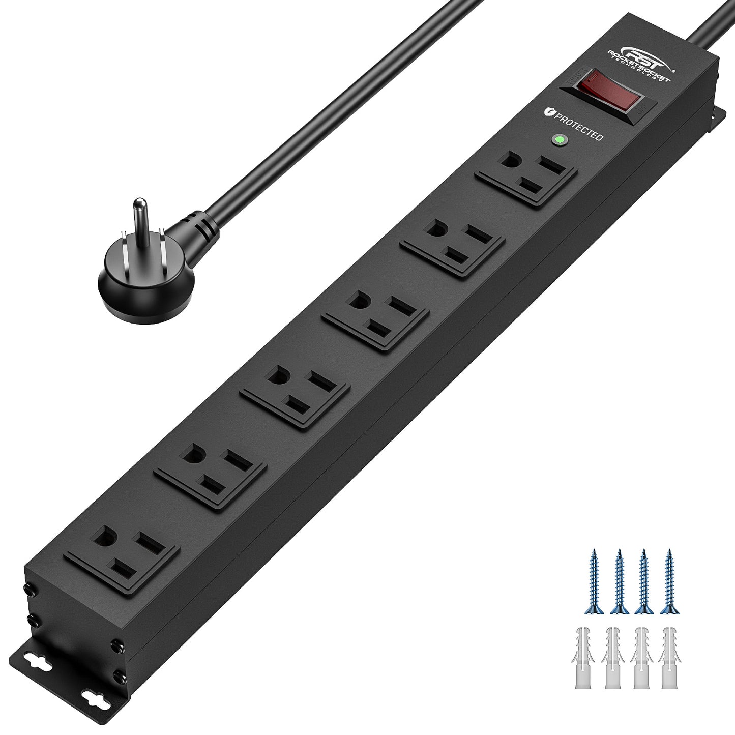 CRST 6 Outlets Wide Spaced Mountable Metal Power Strip Surge Protector, 6FT Flat Plug Power Cord, Mounting Kits Included