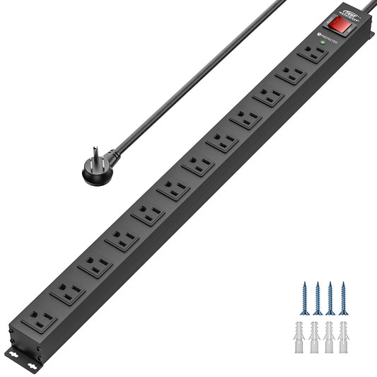 CRST 12 Outlets Wide Spaced Mountable Metal Long Power Strip Surge Protector, Flat Plug Power Cord, 36 Months Warranty