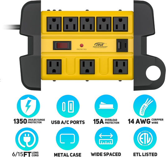 CRST Heavy Duty Mountable 8 Outlets Metal Power Strip with USB-C Port, Long Extension Cord, 1350 Joules Surge Protector, ETL Listed, 36Months Warranty