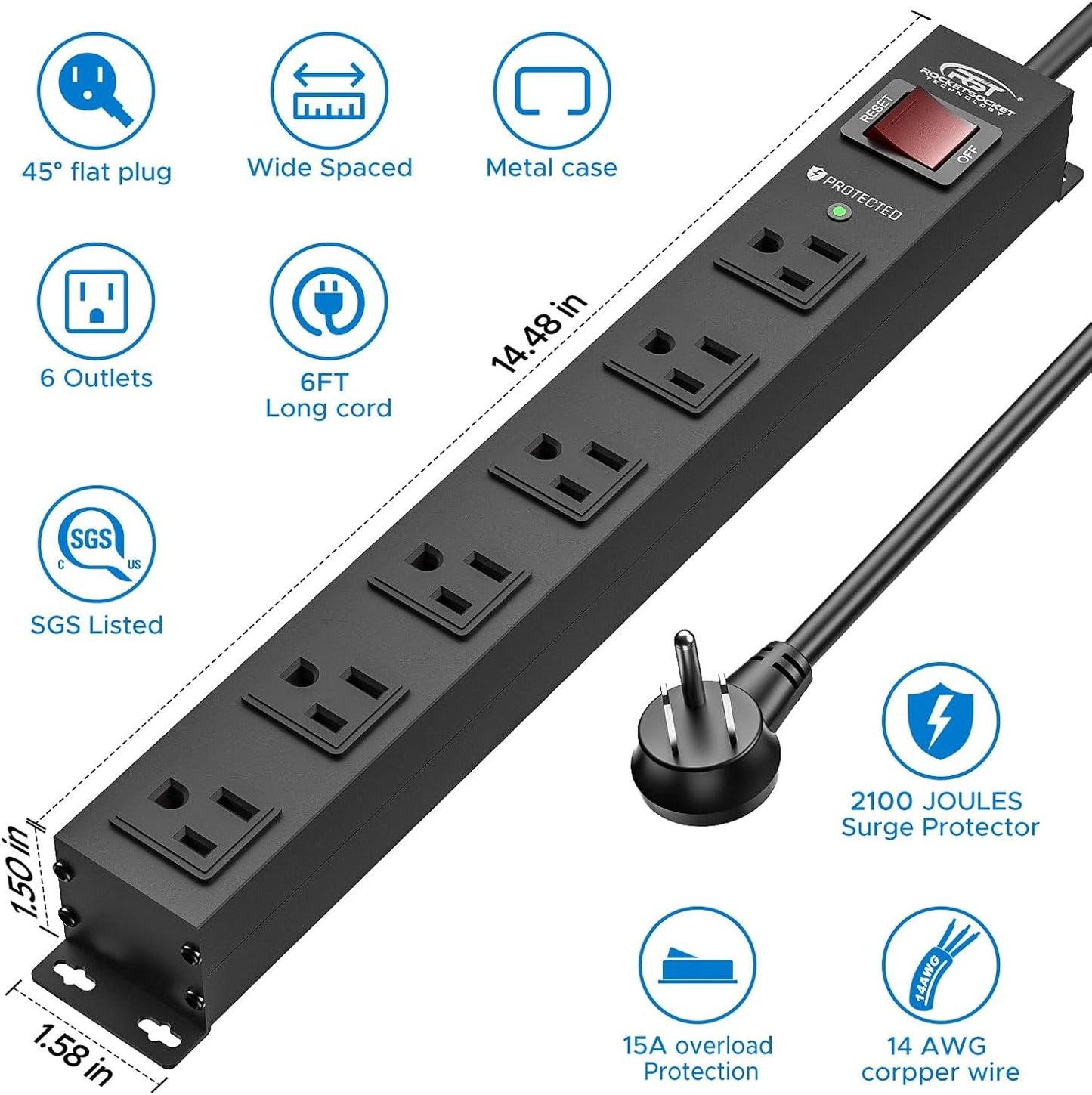 CRST 2PK 6 Outlet Surge Protector Power Strip 2100J with Switch, 15A/1875W Heavy Duty Mountable Power Strip, Wide Spaced Power Bar, 6FT Extension Power Cord