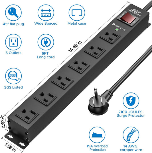 CRST 2PK Wider Spaced 6 Outlet Metal Surge Protector Power Strip 2100J 15A 1875W Heavy Duty Mountable Power Bar 6FT Flat Plug Extension Cord