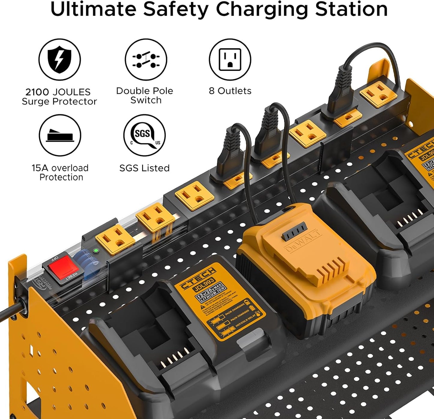Power Tool Organizer Wall Mount, Cordless Drill Holder with 8-Outlet Power Strip, Modular Garage Organization Storage Rack, Gift for Men