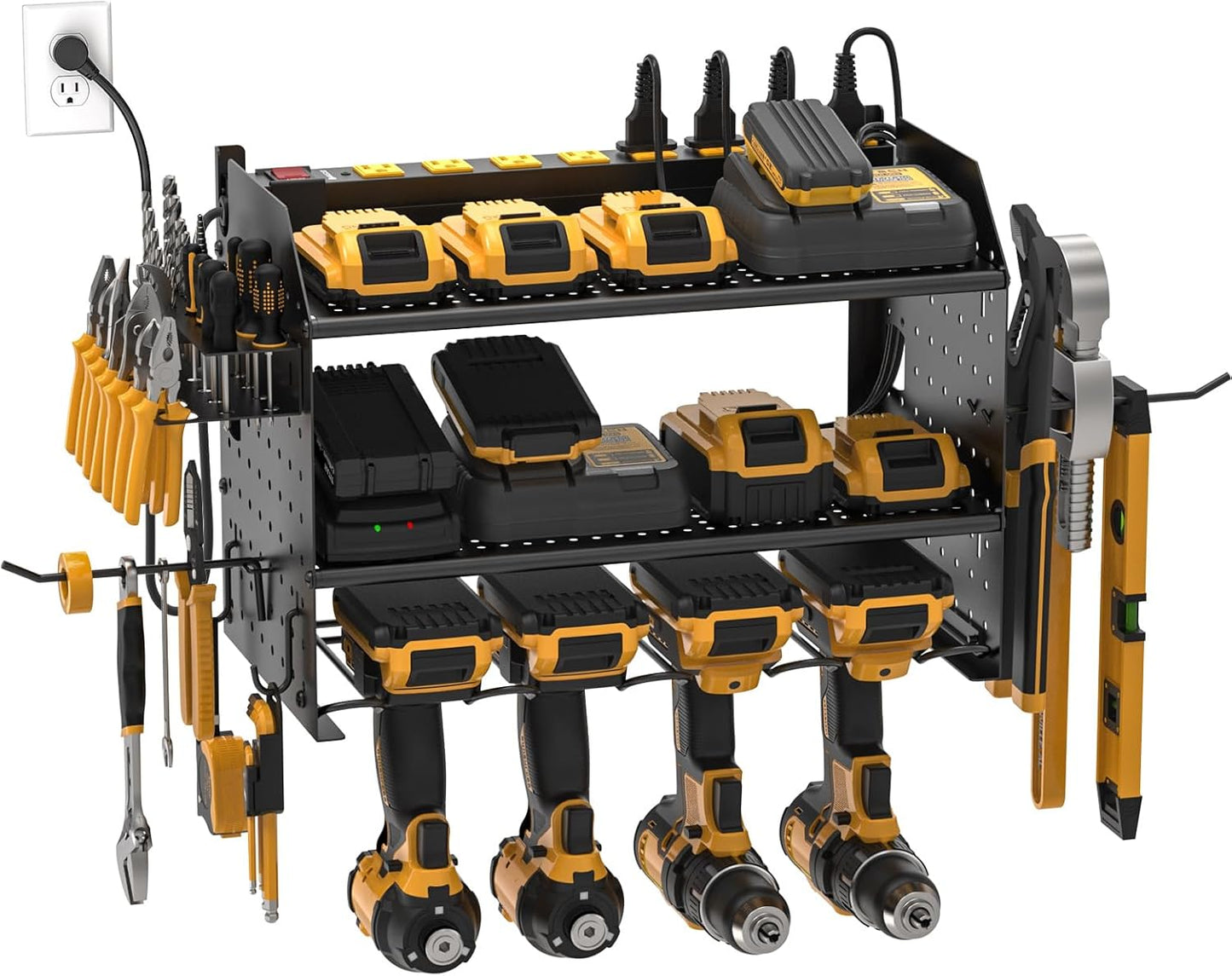 Power Tool Organizer Wall Mount, Cordless Drill Holder with 8-Outlet Power Strip, Modular Garage Organization Storage Rack, Gift for Men