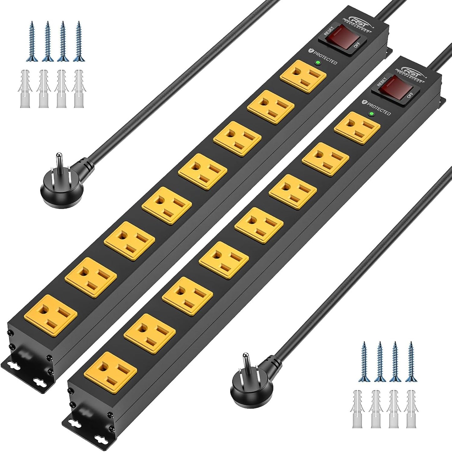 CRST 2 Pack 8 Outlet Metal Heavy Duty Power Strip 2100J Surge Protector 15A 1875W Mountable Wide Spaced Power Bar 6FT Flat Plug Extension Cord