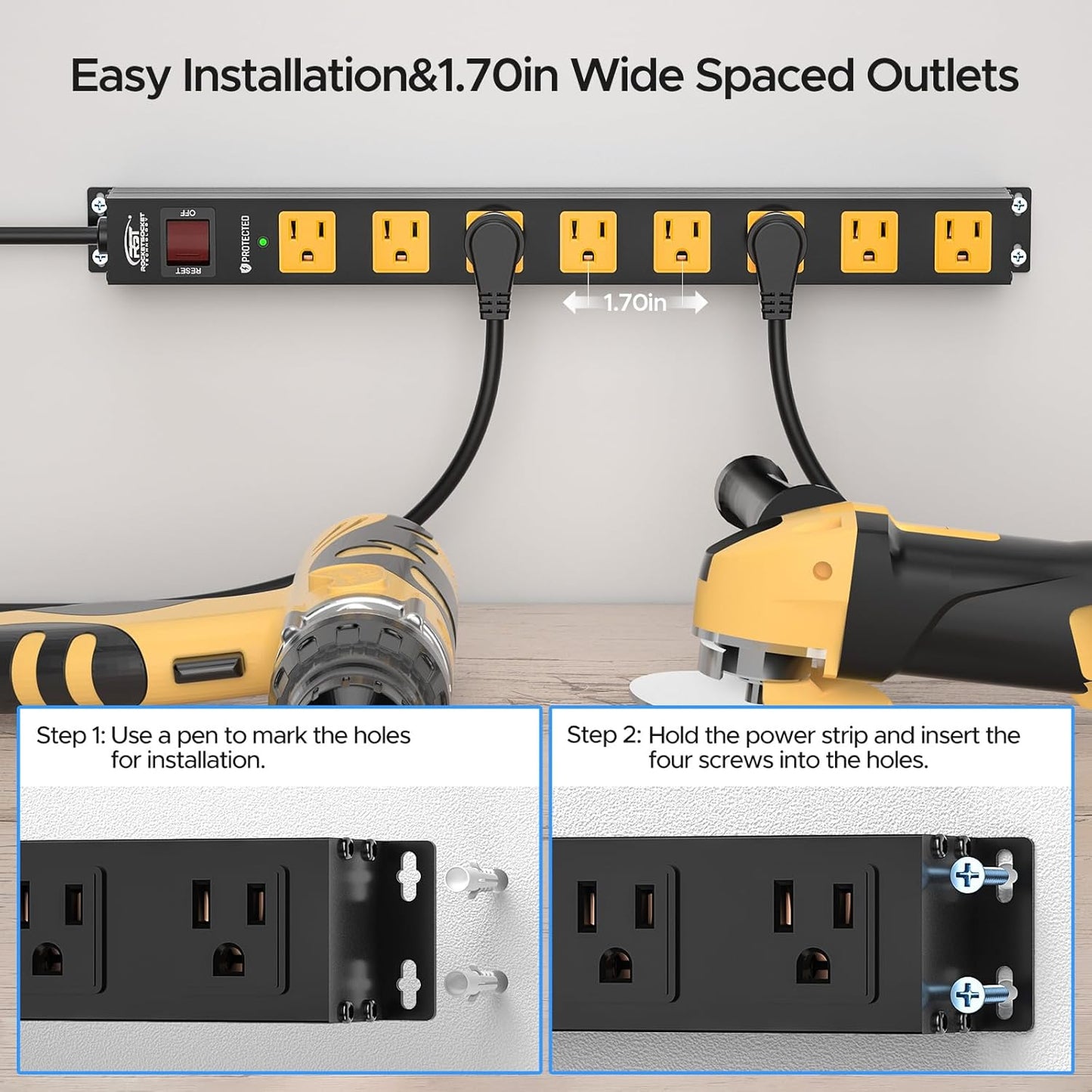 CRST 2 Pack 8 Outlet Metal Heavy Duty Power Strip with Switch, 2100J Surge Protector, 15A/1875W Mountable Wide Spaced Power Bar, 6FT 14AWG Extension Power Cord