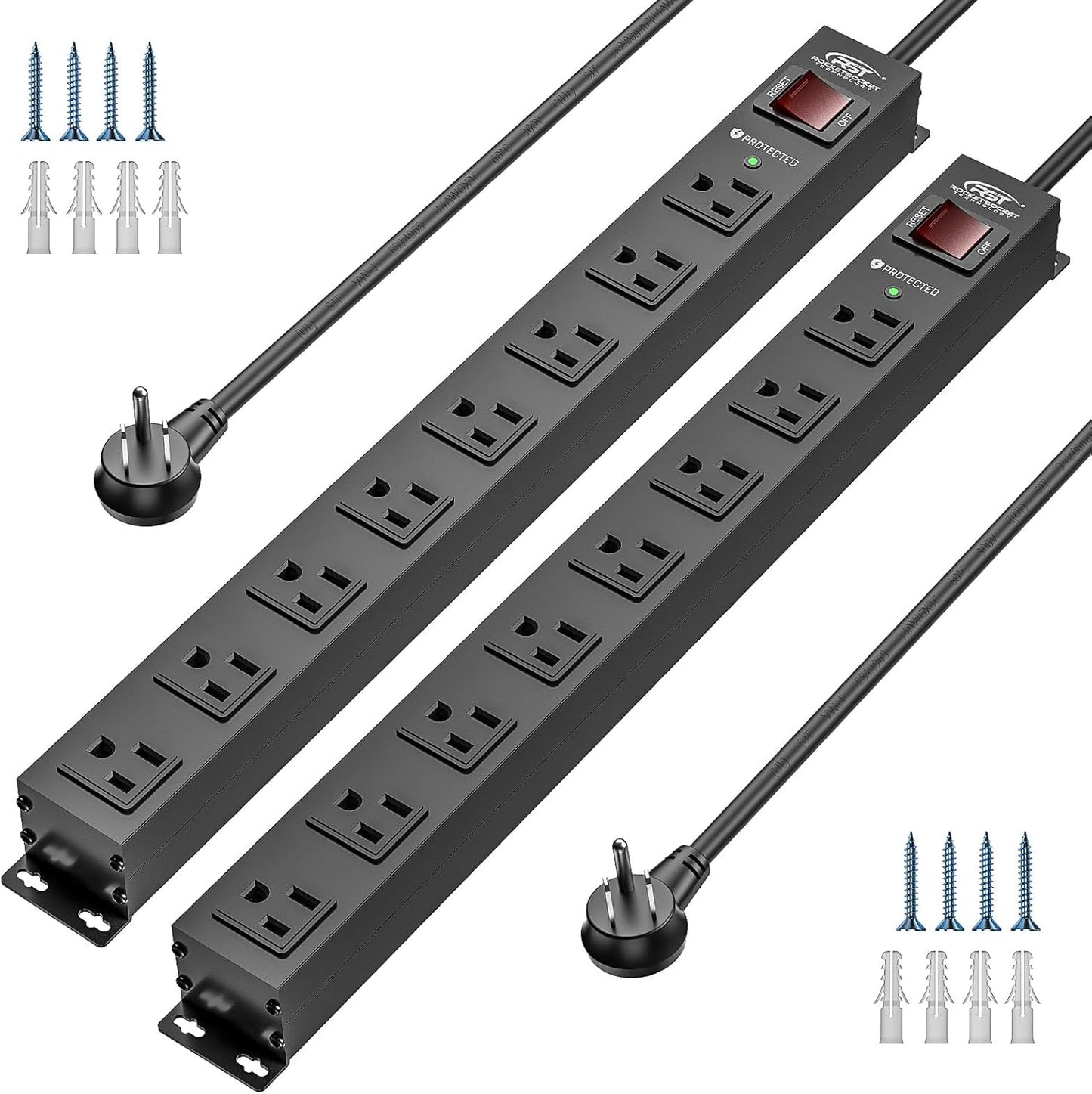 CRST 2 Pack 8 Outlet Metal Heavy Duty Power Strip with Switch, 2100J Surge Protector, 15A/1875W Mountable Wide Spaced Power Bar, 6FT 14AWG Extension Power Cord