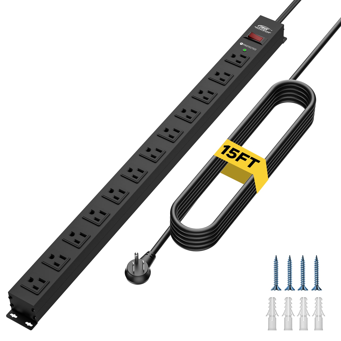 CRST 12 Outlets Wide Spaced Mountable Metal Long Power Strip Surge Protector, Flat Plug Power Cord, 36 Months Warranty