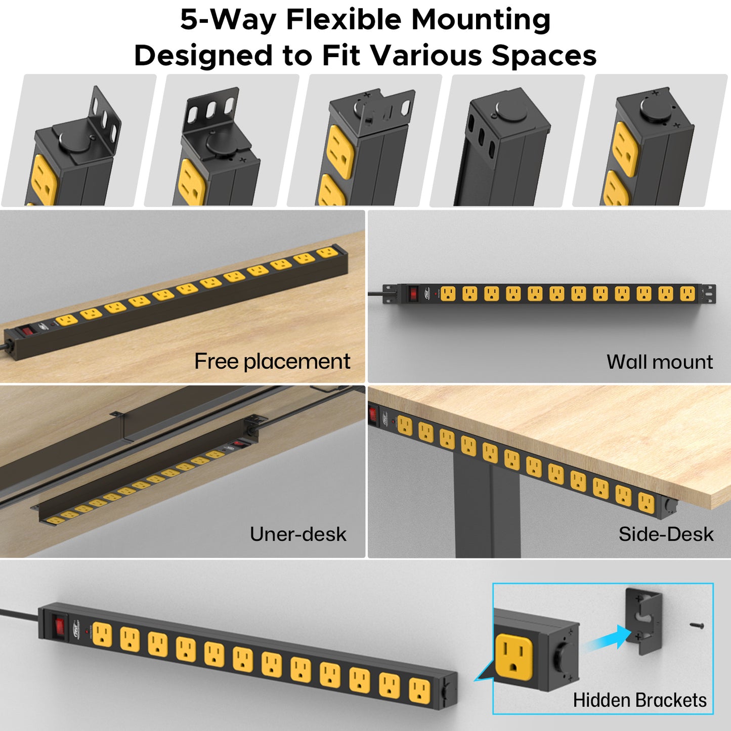 CRST 12 Outlets Wall Mountable Long Power Strip, 2100 Joules Heavy Duty Surge Protector, Slim Metal Power Bar with 6ft Extension Power Cord, ETL Listed