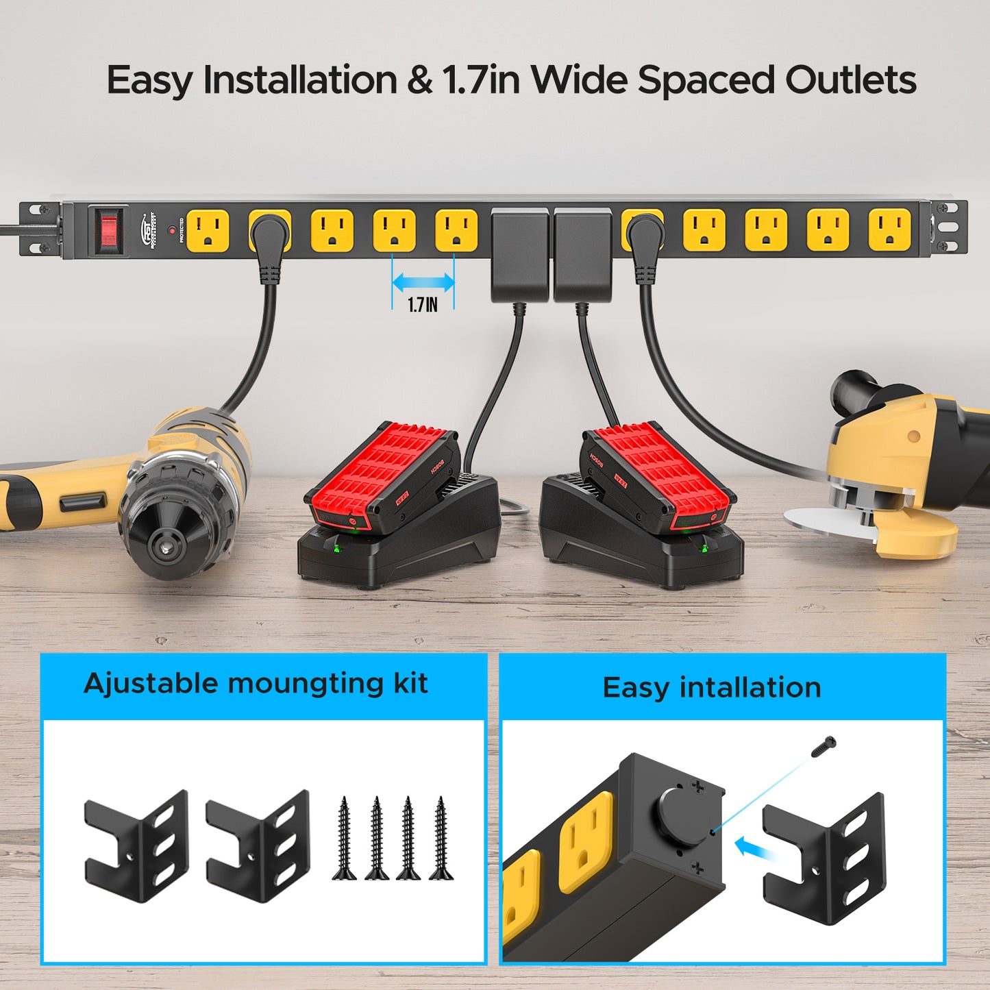 CRST 12 Outlets Wall Mountable Long Power Strip, 2100 Joules Heavy Duty Surge Protector, Slim Metal Power Bar with 6ft Extension Power Cord, ETL Listed