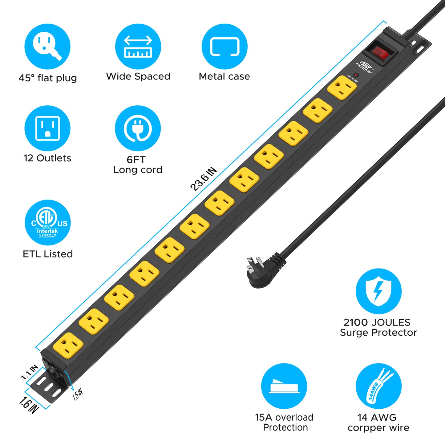 CRST 12 Outlets Wall Mountable Long Power Strip, 2100 Joules Heavy Duty Surge Protector, Slim Metal Power Bar with 6ft Extension Power Cord, ETL Listed