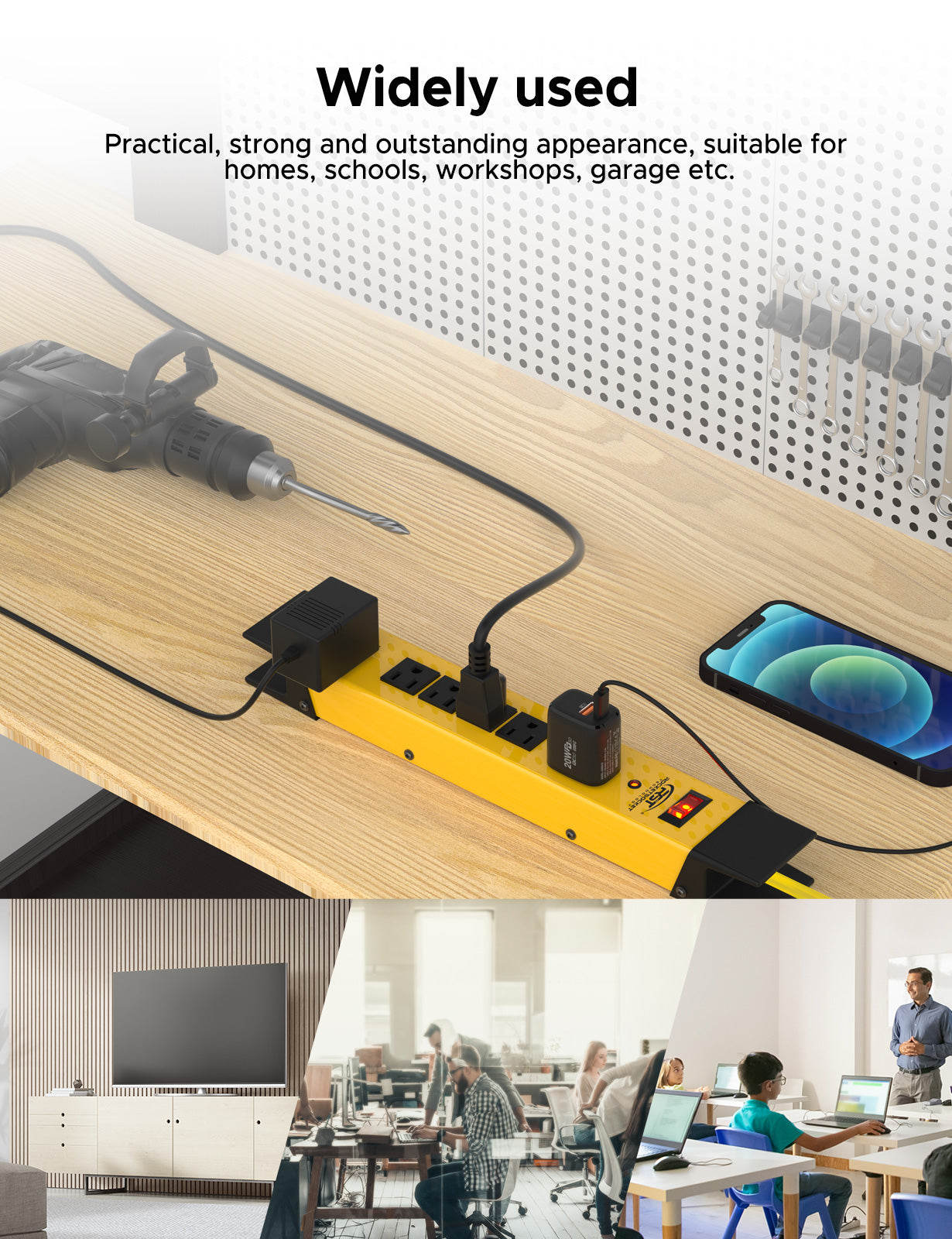 CRST Wide Spaced 6 Outlets Mountable Heavy Duty Metal Power Strip Surge Protector, 15FT Cord