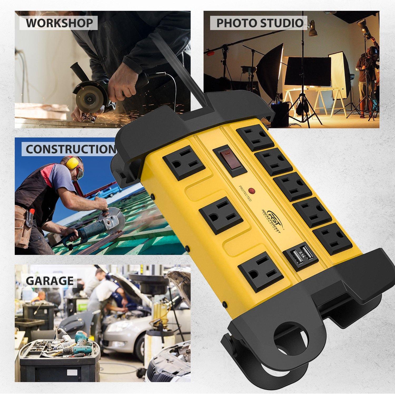 ROCKETSOCKETTECH power strip CRST 8-Outlets with USB(3.1A) 15 ft. Heavy Duty Power Strip Surge Protector 15A