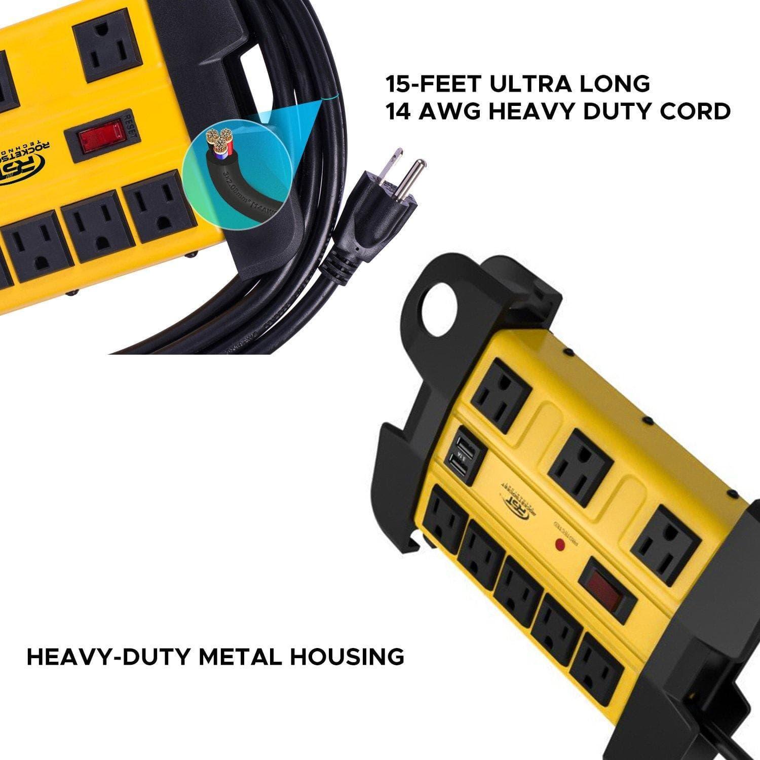 ROCKETSOCKETTECH power strip CRST 8-Outlets with USB(3.1A) 15 ft. Heavy Duty Power Strip Surge Protector 15A