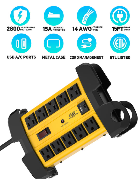 CRST Heavy Duty Mountable 10 Outlets Metal Power Strip with USB-C Port, 2800 Joules Surge Protector, Long Extension Cord, ETL Listed, 36Months Warranty