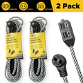 CRST 2-Pack 12ft Braided Flat Extension Cord | 2-Prong, 3-Outlet, Sliding Safety Covers, 45° Flat Plug, 16AWG 13A, ETL Listed