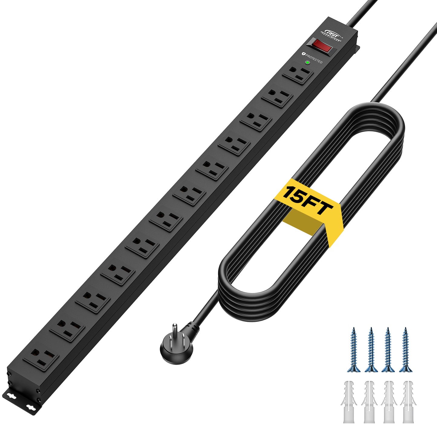 CRST 12 Outlets Wide Spaced Mountable Metal Power Strip Surge Protector, Optional 15FT or 6FT Flat Plug Power Cord