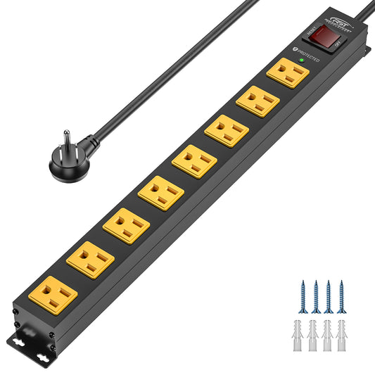 CRST 8 Outlets Wide Spaced Mountable Metal Power Strip Surge Protector, 6FT Flat Plug Power Cord, Mounting Kits Included