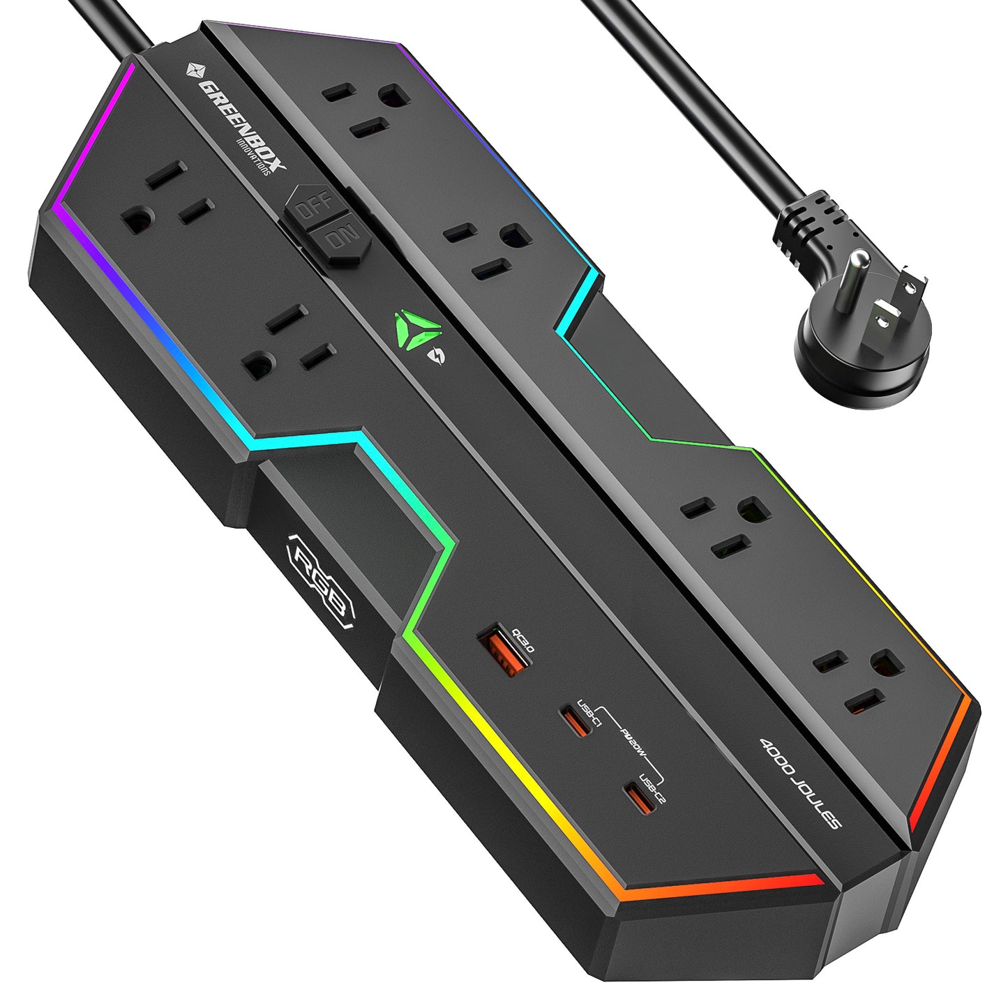 6 Outlet Surge Protector Power Strip with RGB Lights and PD 20W Fast Charging USB Ports, Wide-Spaced Outlet Perfect for e-Sports, Game PC, Home and Offices
