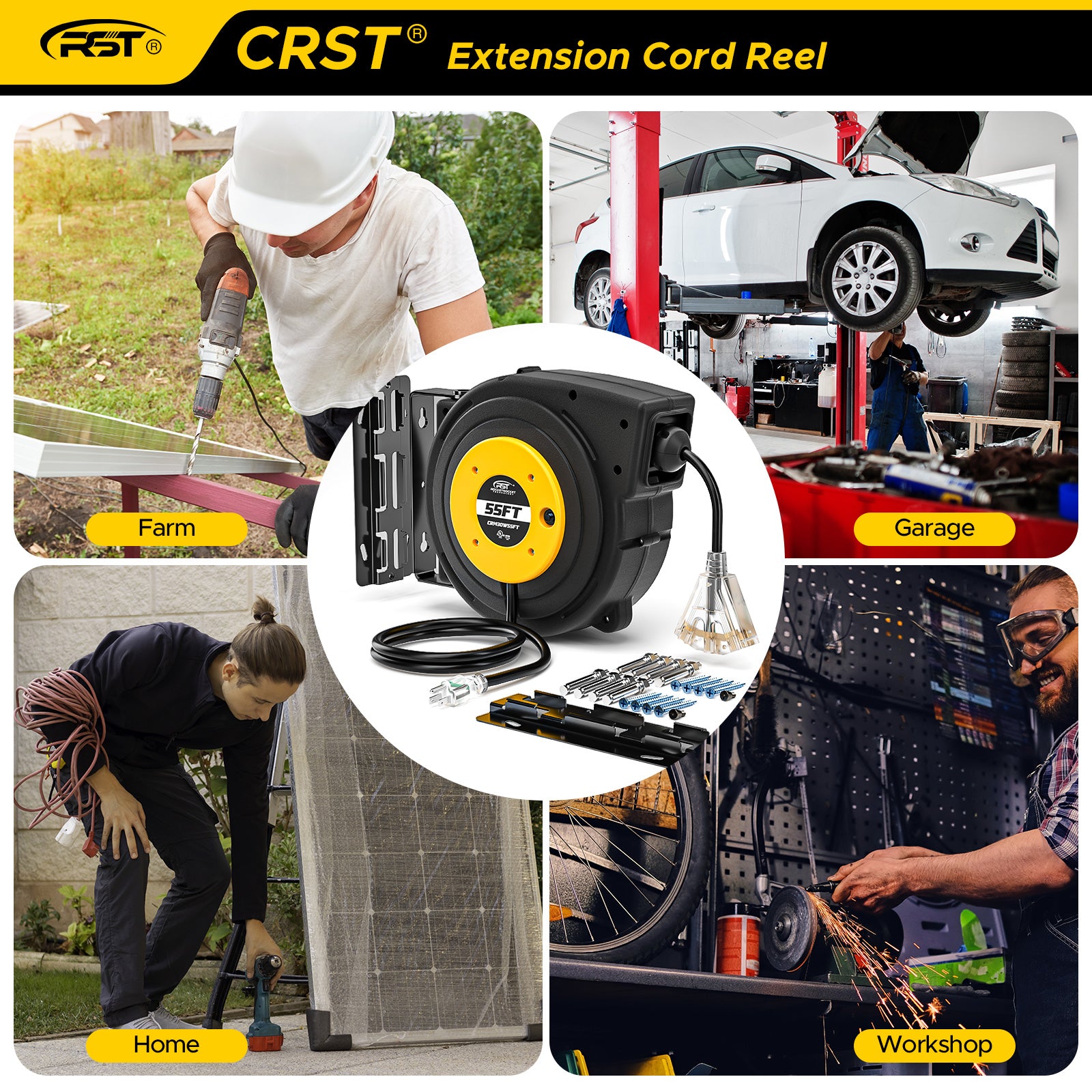 CRST 55FT Retractable Extension Power Cord Reel with Mounting Kits