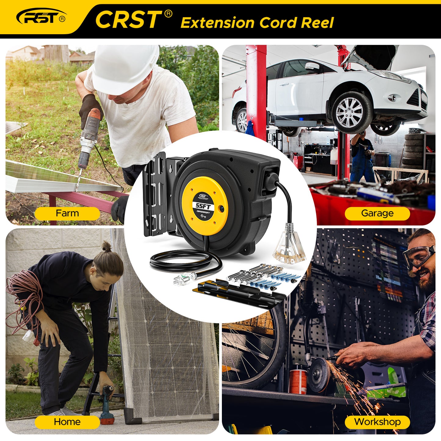 CRST Extension Cord Reel 55feet Retractable Extension Cord with Reset Push Lighted Triple Outlet Adjustable Stopper and Mounting Kit Size