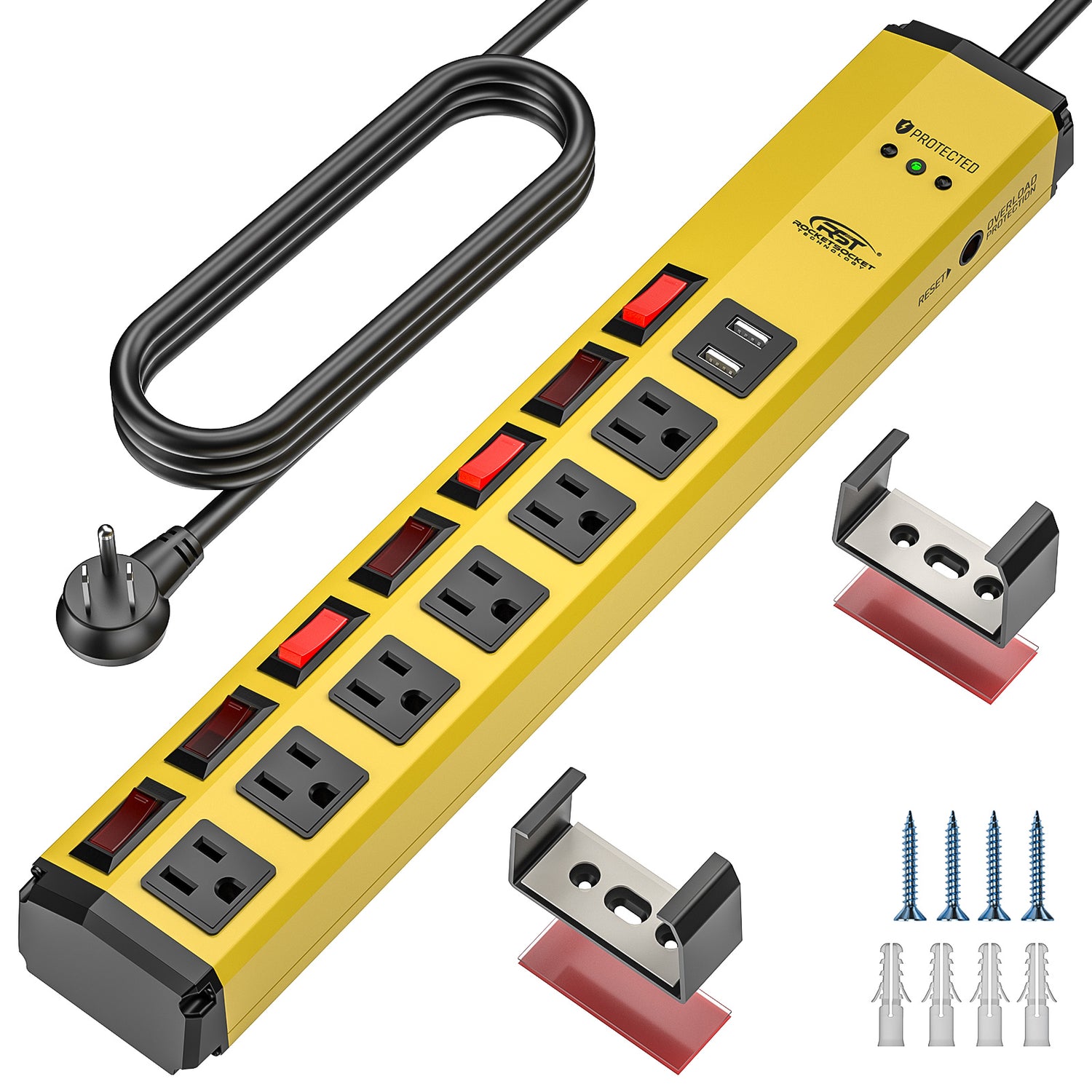 CRST power strip with individual switches and USB: dual USB-A, OVERLOAD PROTECTION reset button, brackets, screws, anchors.