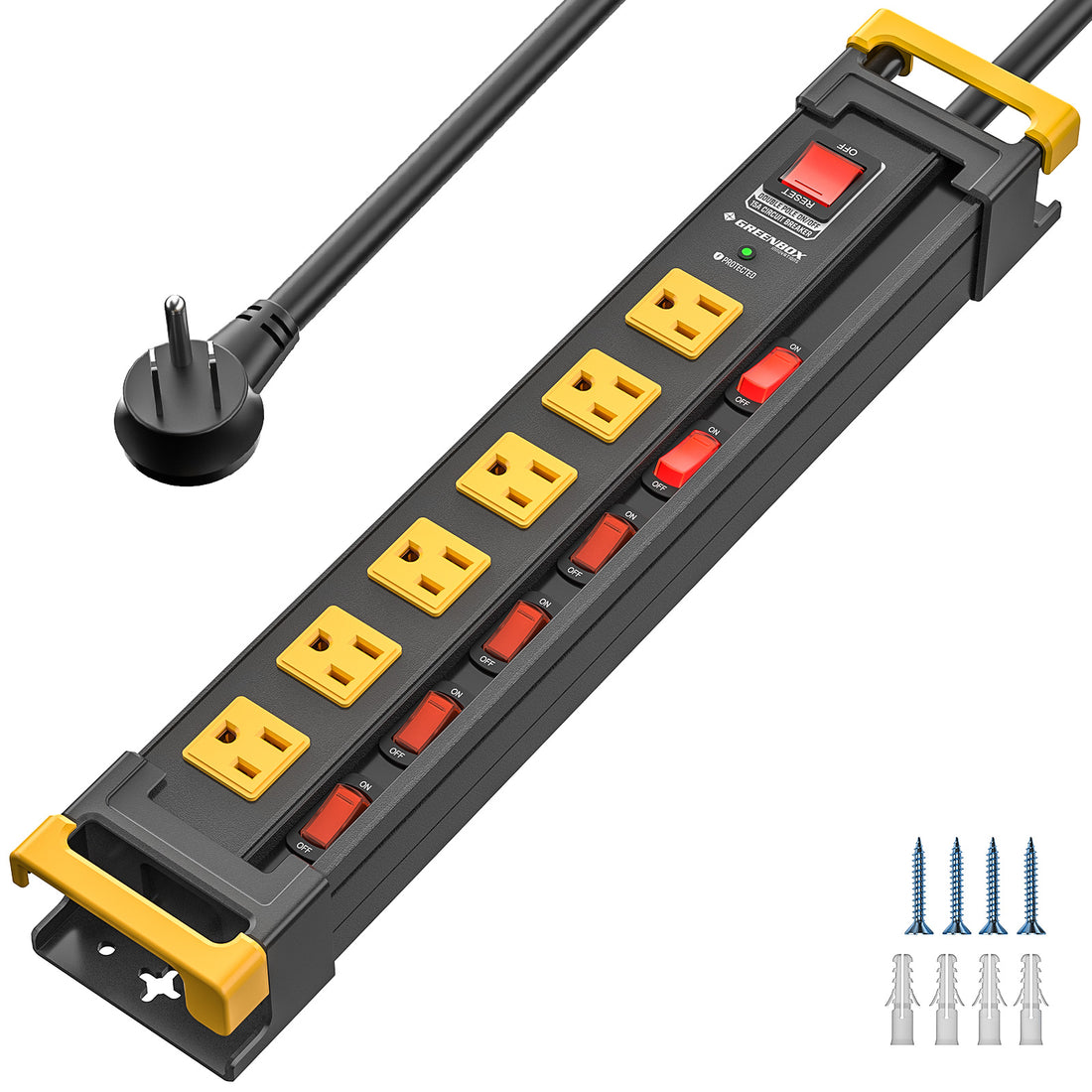 GREENBOX dual-pole switch power strip: master rocker reads DOUBLE POLE ON/OFF 15A CIRCUIT BREAKER; screws and anchors.