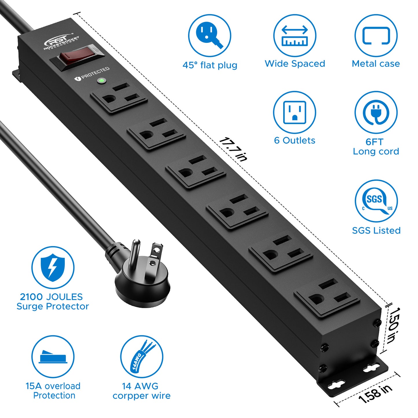 CRST 6 Outlets Wide Spaced Mountable Metal Power Strip Surge Protector, 6FT Flat Plug Power Cord, Mounting Kits Included