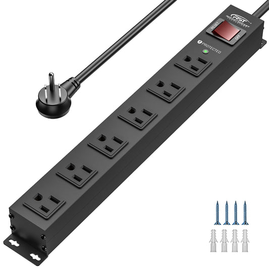 CRST Heavy Duty Metal Power Strip Surge Protector, 6 Wide spaced Outlets, 2100 Joules, 10FT 14AWG Flat Plug, Wall Mountable