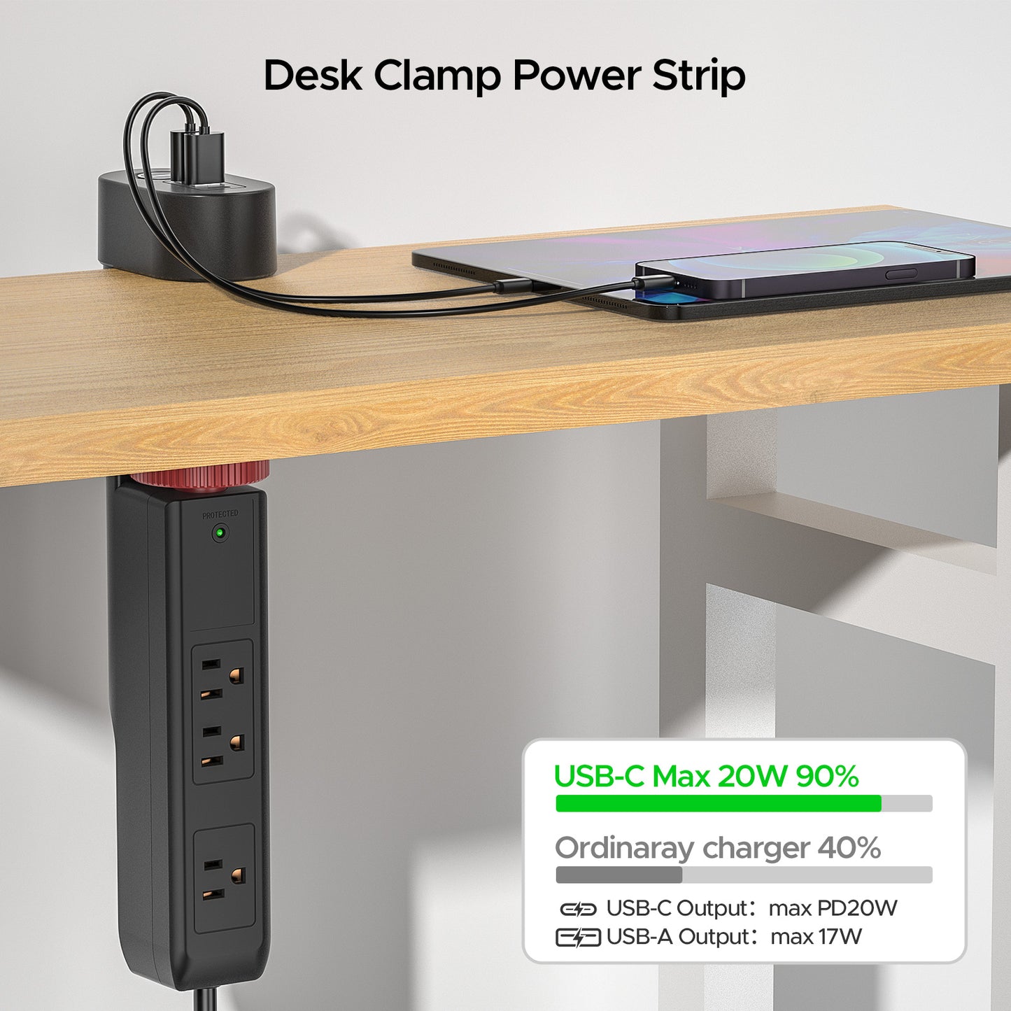 Desk Clamp Power Strip with USB-C Port, 1020J Surge Protector with 20W PD Fast Charging,3 Wide-Spaced Outlets Desktop Edge Mount Power Strip with Flat Plug, 6FT Cord, Fits Tables Up to 2 Inches