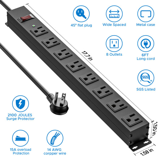 CRST 8 Outlets Wide Spaced Mountable Metal Power Strip Surge Protector, 6FT Flat Plug Power Cord, Mounting Kits Included