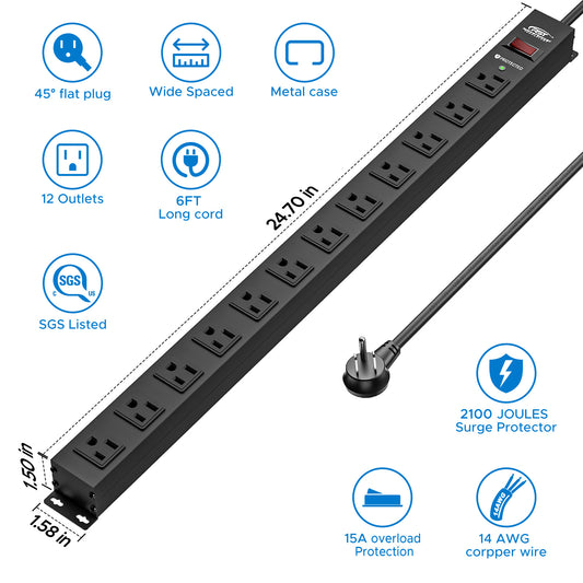 CRST 12 Outlets Wide Spaced Mountable Metal Power Strip Surge Protector, Optional 15FT or 6FT Flat Plug Power Cord