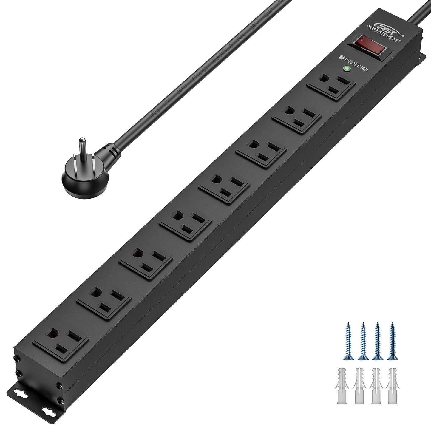 CRST 8 Outlets Wide Spaced Mountable Metal Power Strip Surge Protector, 6FT Flat Plug Power Cord, Mounting Kits Included